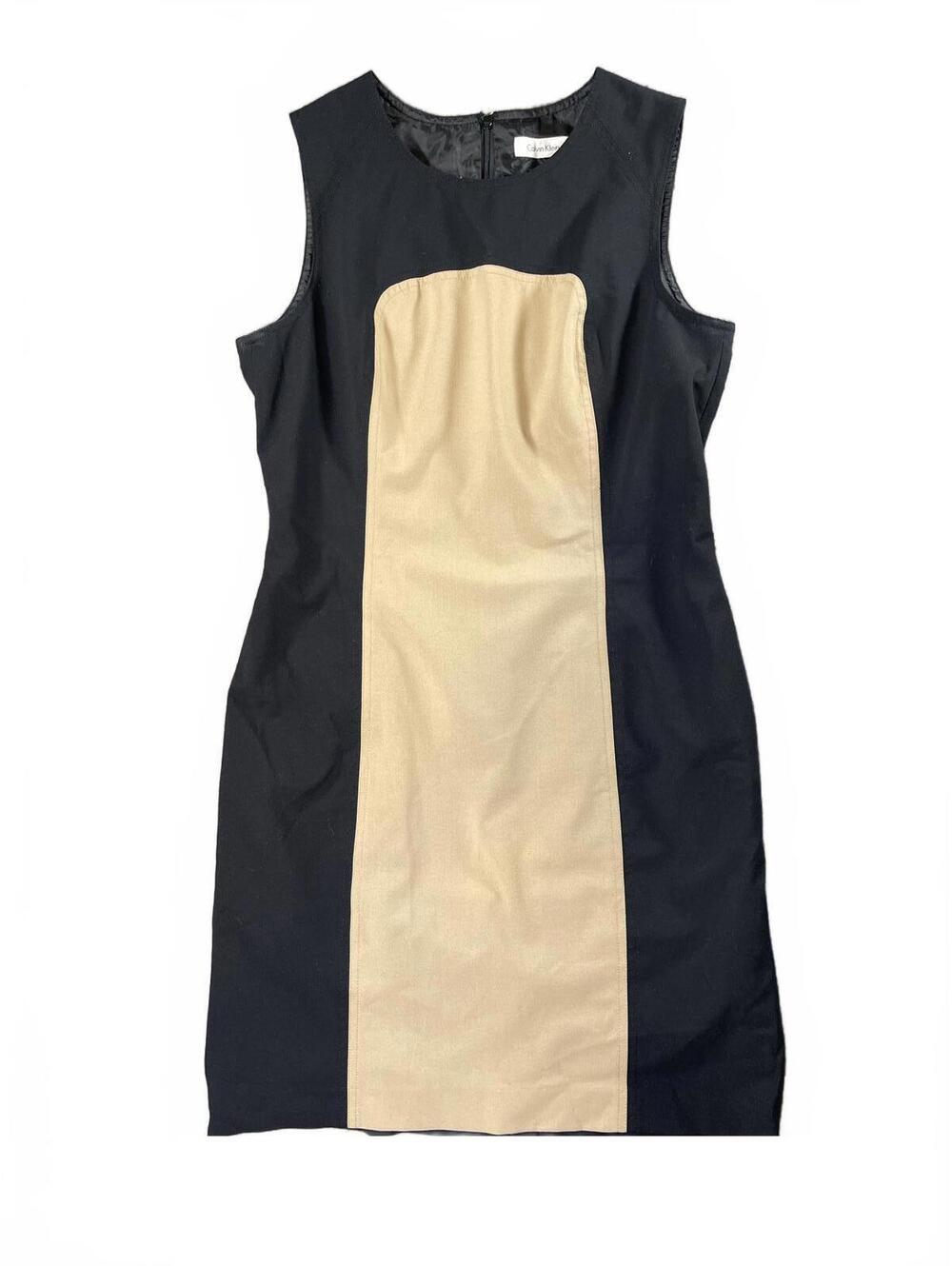 Calvin Klein Color Block Black and Tan Sleeveless Shift Dress - Size Large